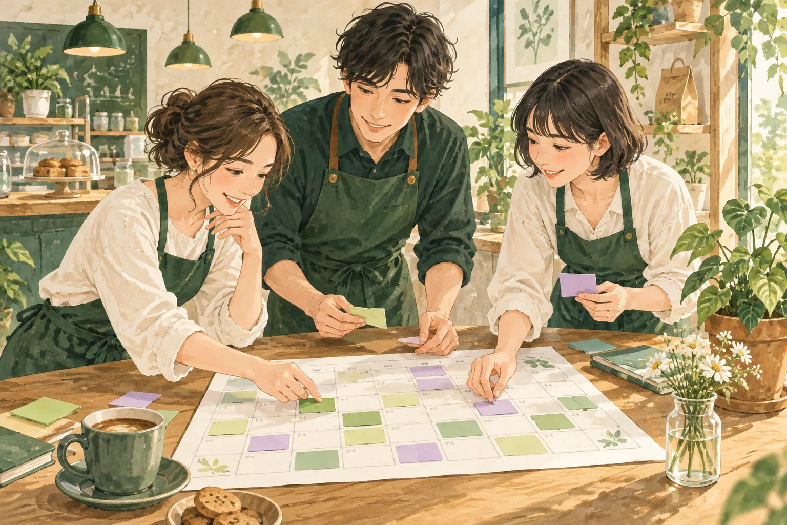 スタッフがテーブルを囲み、勤務予定を相談するイラスト